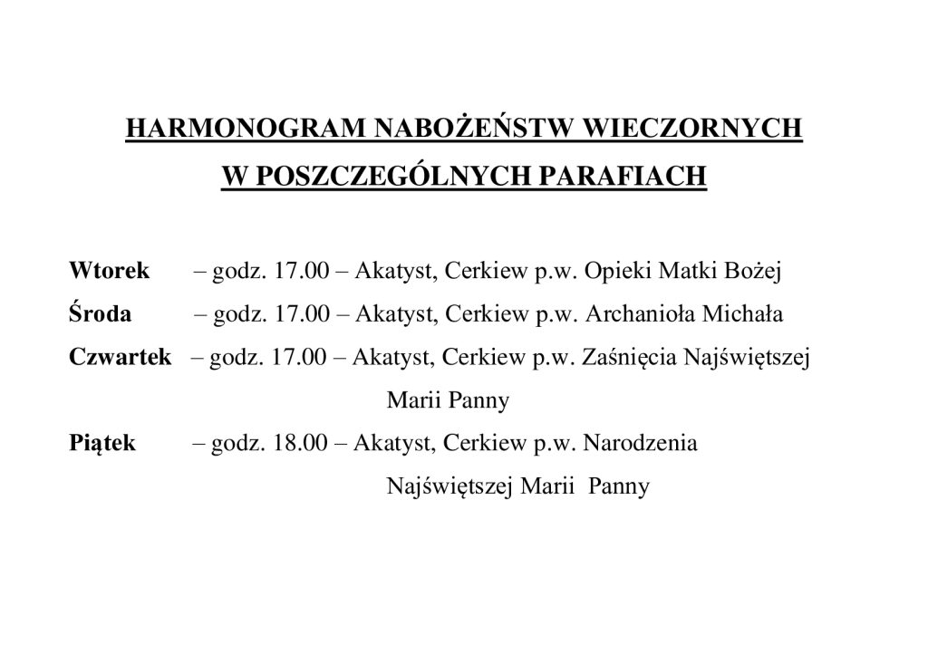 harmonogram naboŻeŃstw wieczornych w poszczegÓlnych parafiach
